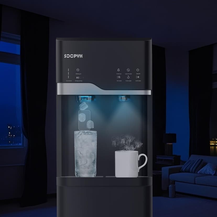 Self Cleaning Hot and Cold Bottom Load Water Cooler Dispenser with Ice Maker 5 Gal Built-in Bullet Ice Maker 22lbs Daily Capacity Black