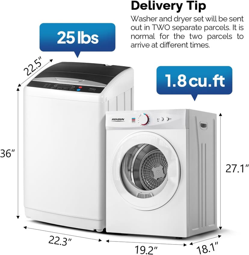 ROVSUN 25LBS Full Automatic Washing Machine and 1.8CuFt Portable Clothes Dryer Set, Compact Laundry Washer and Dryer Combo Set with Stainless Steel Inner Tub, for Apartment, Dorms, Home
