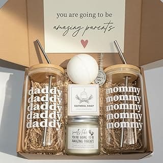 New Parents Gifts for Couples, Mom and Dad to Be Gifts, Pregnancy Gift Basket for Expecting Parents, Baby Shower Gift Set with Mommy Daddy Glass Cups, Candle, Bath Bomb & Soap B0FVKXQS45