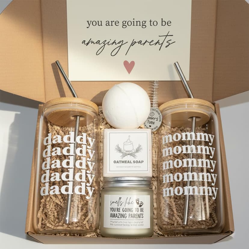 New Parents Gifts for Couples, Mom and Dad to Be Gifts, Pregnancy Gift Basket for Expecting Parents, Baby Shower Gift Set with Mommy Daddy Glass Cups, Candle, Bath Bomb & Soap B0FVKXQS45