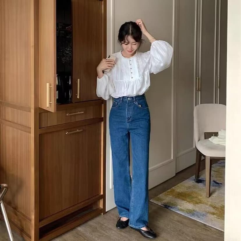 UICIOP Korean Version of Women's Shirt, Women's Sweet Round Neck Pleated Small lace top, Women's Long Sleeved Shirt top