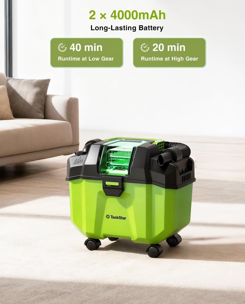 TaskStar Cordless Shop Vac, 2.6 Gal 2x4.0Ah Battery Powered Shop Vac, 3-in-1 Cordless Shop Vacuum Wet and Dry with Strap, 4 Wheels, Accessory Storage Holder, Ideal for Garage, Car, Workshop