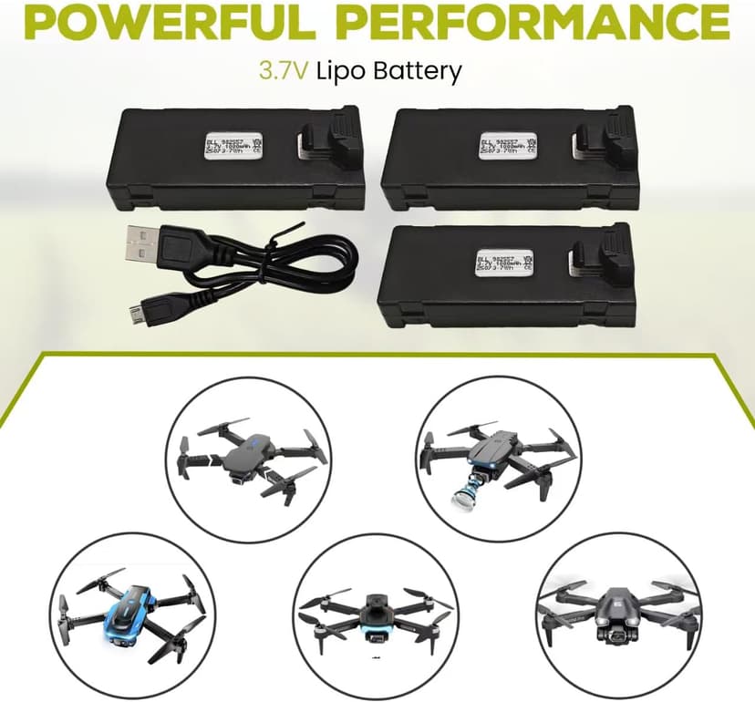 sea jump 3PCS 3.7V 1000mAh Lipo Battery with USB Charging Cable Suitable for E88 E88MAX E99 E99MAX BD101 P15PRO P8 A13 A15 K10MAX RC Drone, Aerial Quadcopters High-Capacity Battery Spare Parts