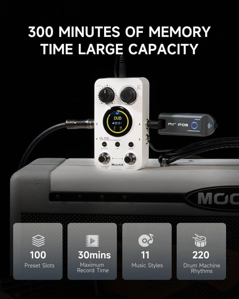 MOOER GL100 Looper Pedal Drum Machine, 2 in 1 Drum Looper Guitar Pedal 1.3-inch Touchsreen 100 Slots with 300 Minutes in Total Auto-record Time Stretch Function Dedicated Editor Software