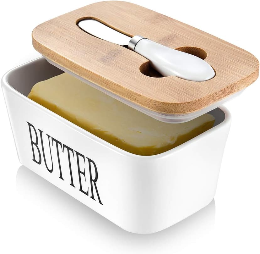 Butter Dish with Lid, Home Decor, Large Butter Dish for Countertop Ceramic Butter Keeper Container with Knife and High-Quality Silicone Sealing Butter Dish Good Kitchen Gift White