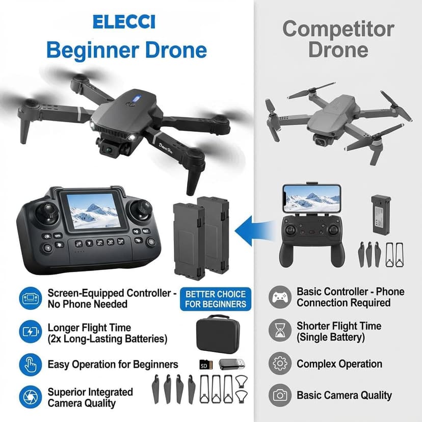E88 Drone with Screen Controller with SD card, Foldable Mini Drone for Beginners, 2 Batteries, 360° Flips Waypoint Fly, Active Obstacle Avoidance, One Key Take Off/Landing. (2 batteries - Black)