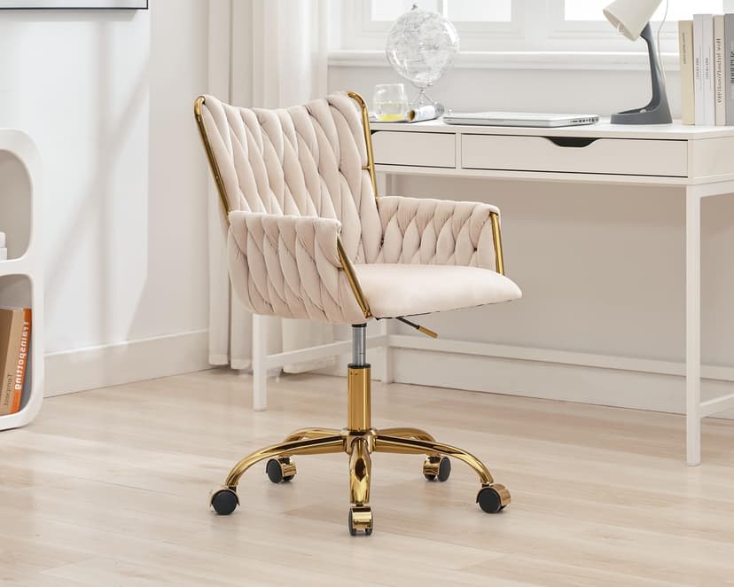 KCC Modern Velvet Home Office Desk Chair with Hand Woven Backrest, Upholstered Adjustable Makeup Vanity Chair with Armrest and Golden Metal Base with Wheels for Living Room Bedroom Study(Beige)