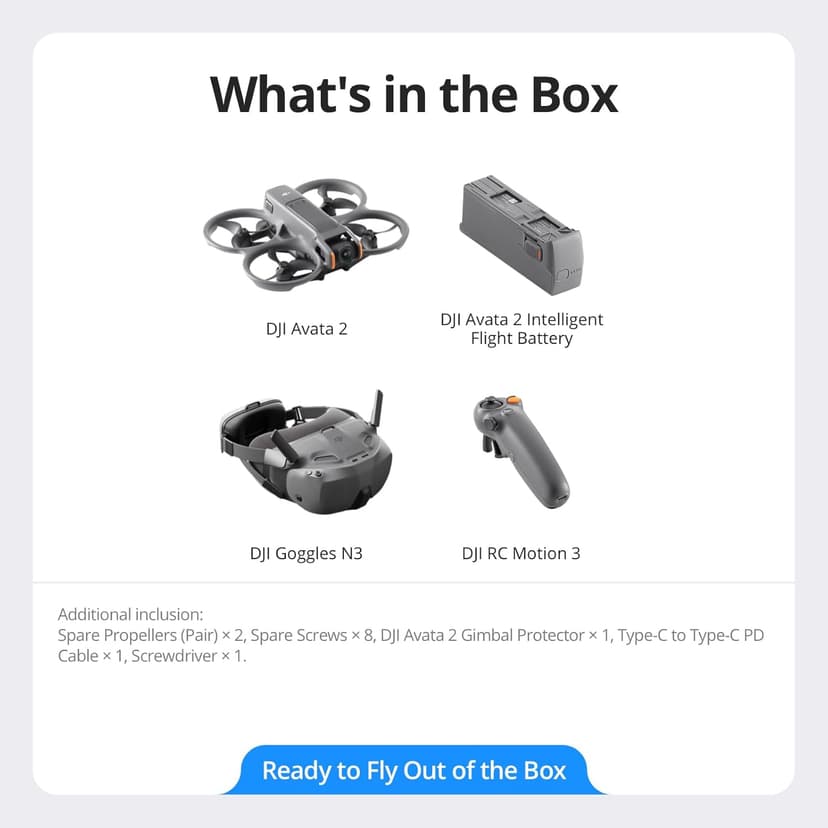 DJI Avata 2 Fly Smart Combo (Single Battery), FPV Drone with Camera 4K, Immersive Experience, One-Push Acrobatics, Built-in Propeller Guard, 155° FOV, Camera Drone with Goggles N3 and RC Motion 3
