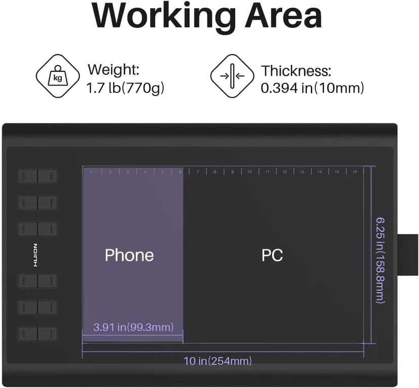 HUION Inspiroy H1060P Graphics Drawing Tablet with 8192 Pressure Sensitivity Battery-Free Stylus and 12 Customized Hot Keys, 10 x 6.25 inches Digital Art Tablet for Mac, Windows PC and Android