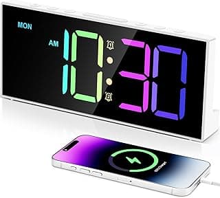 Alarm Clock with Large Display Big Numbers,5 Levels Brightness，Snooze,USB Charging Port,LED and Mirror Desk Clock,Dual Alarms Modern Electronic Clock for Bedroom Home Living Room Office. (White)