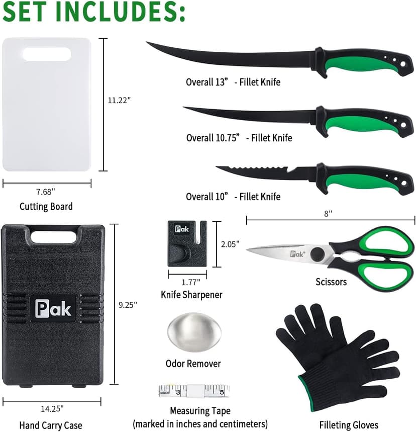 Pak 11-Pc Fish Fillet Knife Set - Cleaning Kit, Fishing Equipment, BBQ Knives, Scissor
