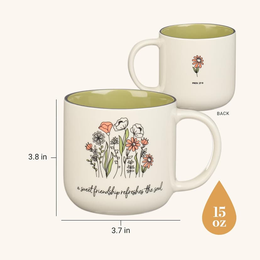 Christian Art Gifts Sage Green Floral Ceramic Coffee Mug – 15 oz. Microwave and Dishwasher-safe Inspirational Scripture Coffee and Tea Mug for Friends with Bible Verse: Sweet Friendship –Proverbs 27:9