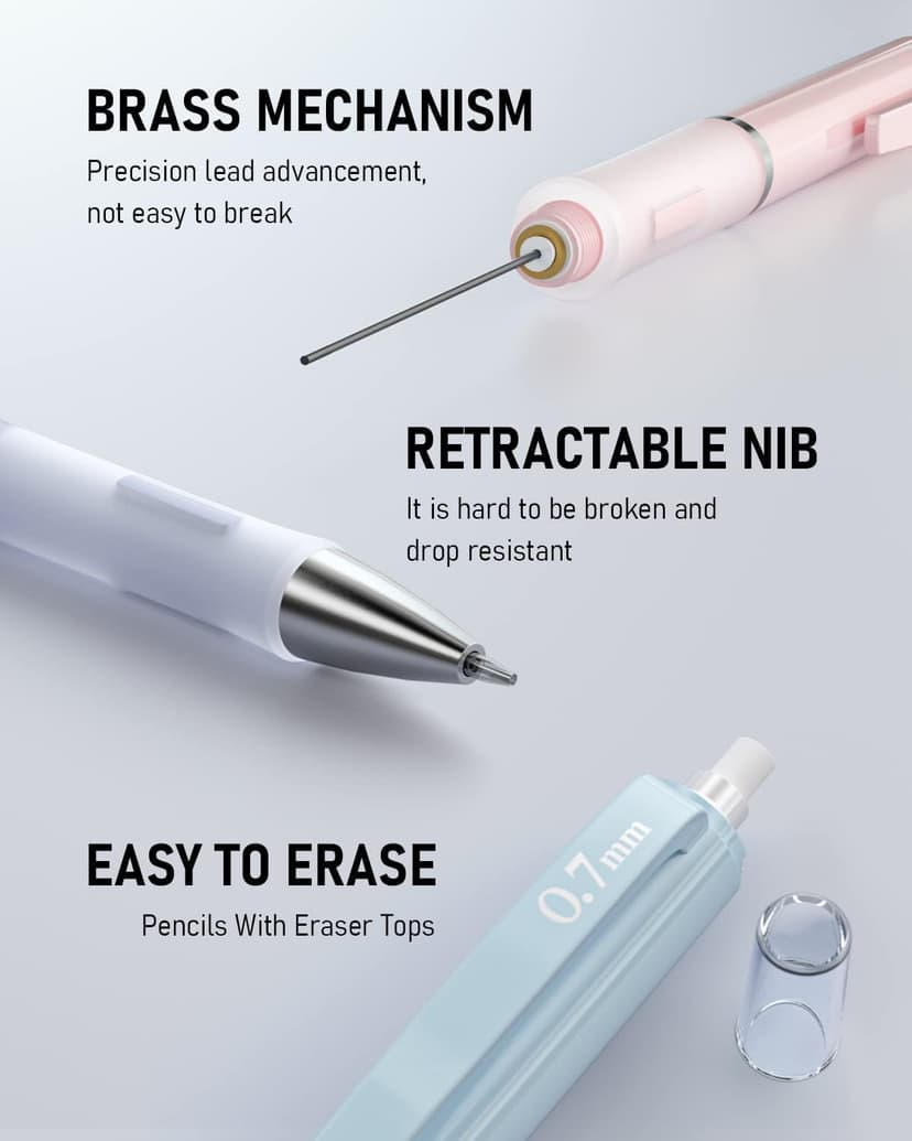 Nicpro 3PCS Cute Mechanical Pencil Set with Case, 0.7 mm Pencils with 6 Tube HB Lead Refill, 3PCS Eraser, 9PCS Eraser Refill for School Supplies Student Writing, Drafting Drawing Sketching