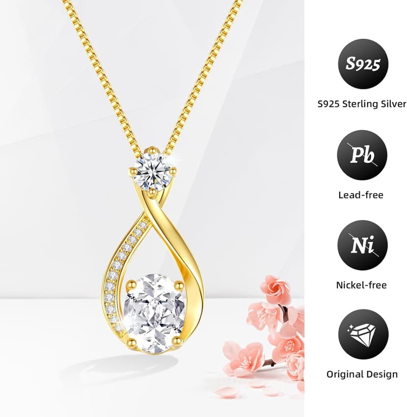 1.5CT Moissanite Infinity Pendant Necklace Anniversary Wedding Gifts for Women Wife Her S925 Sterling Silver 18K White Gold/Gold Filled Jewelry for Birthday Mothers Christmas Valentines Day
