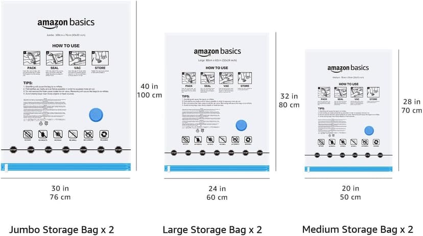 Amazon Basics Multiple Vacuum Compression Zipper Storage Bags for Space Saving and Travel with Hand Pump, 6-Pack (2 Jumbo, 2 Large, 2 Medium), Transparent