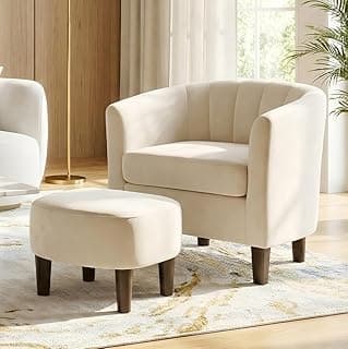 FDW Velvet Barrel Accent Chair with Ottoman, Modern Armchair with Ottoman Set, Comfortable Reading Chair for Living Room, Bedroom & Apartment Lounge, Beige
