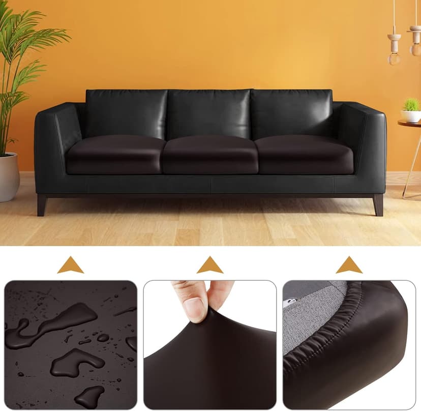 Fuloon Faux Leather Couch Cushion Slipcover, Waterproof Stretch Covers for Sofa, RV Chair Seat Cover, Individual Loveseat Couch Cushion Replacement, PU Leather Sofa Slipcovers(3 Pack, Brown)