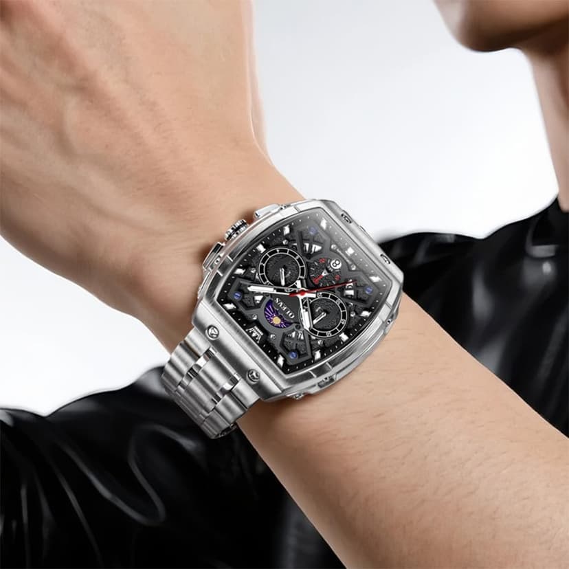 OLEVS Watches for Men Analog Quartz Luxury Diamond Waterproof Chronograph Stainless Steel Big Face Square Date Moon Phase Roman Numeral Dress Watch for Men