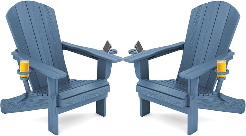 SERWALL Folding Adirondack Chair, HDPE Adirondack Chairs Set of 2, Plastic Outdoor Chairs- Looks Exactly Like Real Wood- Navy