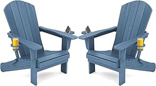 SERWALL Folding Adirondack Chair, HDPE Adirondack Chairs Set of 2, Plastic Outdoor Chairs- Looks Exactly Like Real Wood- Navy