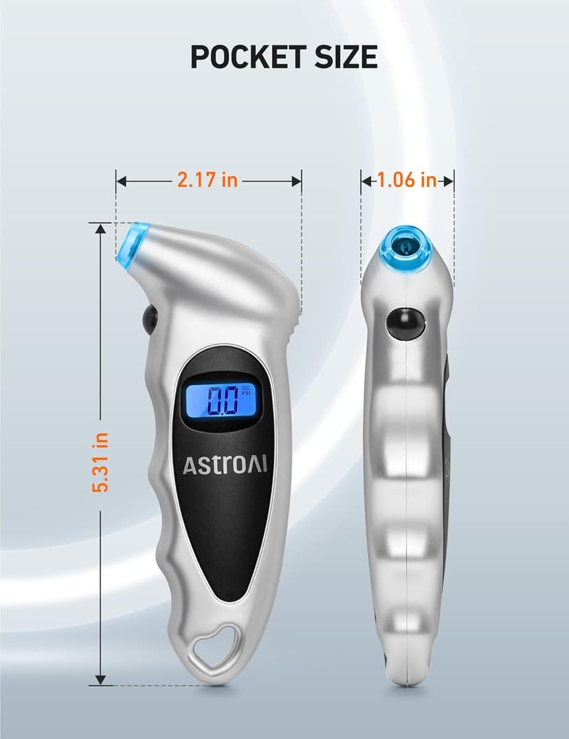 AstroAI Digital Tire Pressure Gauge 0-150PSI Calibrated to ANSI B40.7 +/-1PSI, Accurate in 0.1 Increments, 4 Units for Car Truck Bicycle with Backlight LCD, Silver