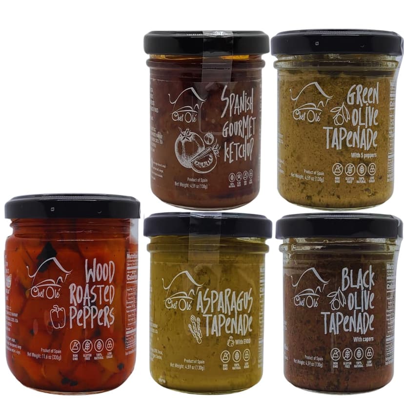 Spanish Gourmet Tapenade Gift Set - 5 Premium Mediterranean Spreads & Sauces | Olive Tapenade, Asparagus, Roasted Peppers & Ketchup | Vegetarian Food Gift Basket from Spain