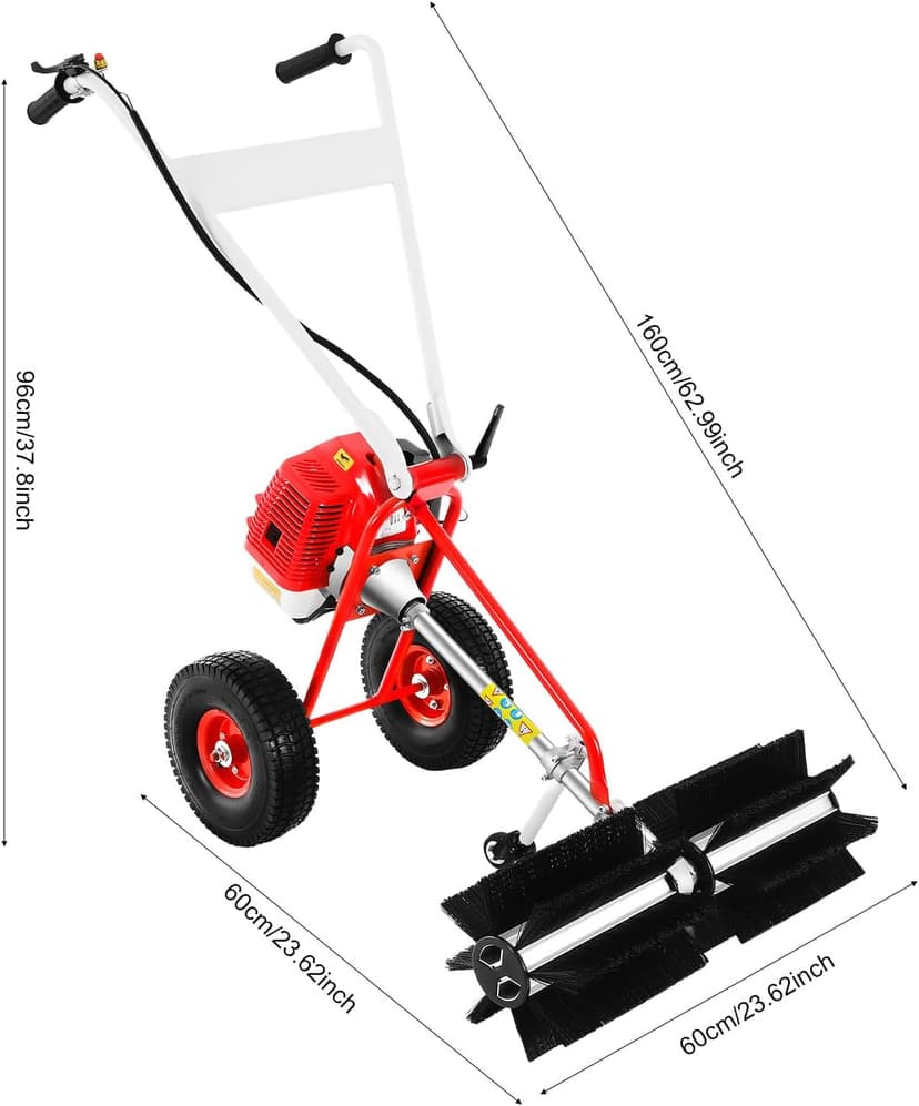 43CC 2 Stroke Gasoline Powered Broom Sweeper, 1.25kw/1.7hp Driveway Lawn Grass Sweeper Snow Cleaning Grit, 8500rpm Hand Push Walking Snow Sweeper for Garden Lawn Yard Sidewalk Turf Grass Cleaning