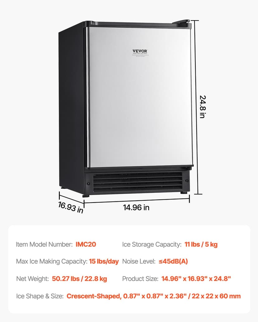 VEVOR Undercounter Built-in Ice Maker, 15 Lbs/Day Under Counter Ice Maker Machine with Reversible Door Stainless Steel, Freestanding Ice Maker for Commercial Home Kitchen, No Drain Required