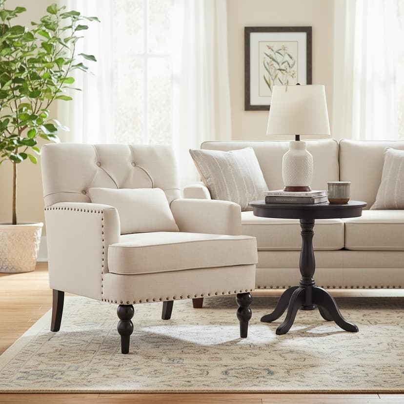 HUIMO Tufted Club Chair,Accent Chair with Lumbar Pillow, Upholstered Button Armchair, Linen Fabric Sofa Chairs for Bedroom, Living Room, Mid Century Modern with Studded Reading Chair Beige