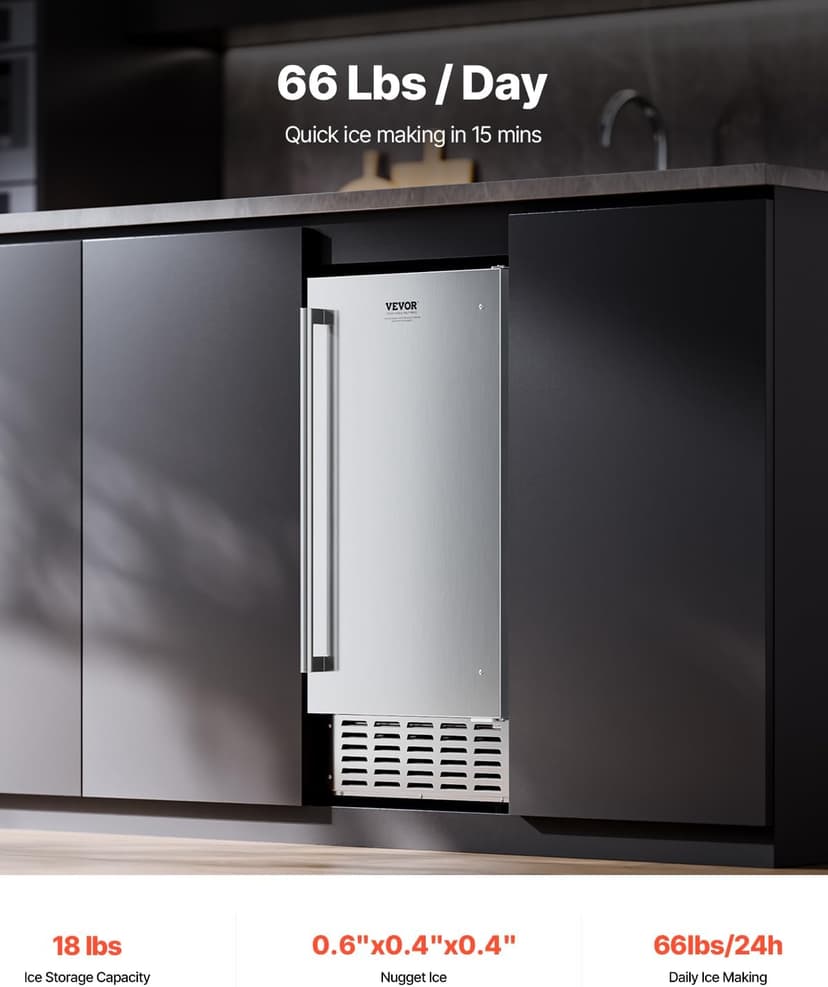 VEVOR Undercounter Built-in Ice Maker, 66 Lbs/Day Under Counter Nugget Ice Maker Machine with Reversible Door, Stainless Steel Freestanding Ice Maker for Commercial Home Kitchen, Electric Drainage