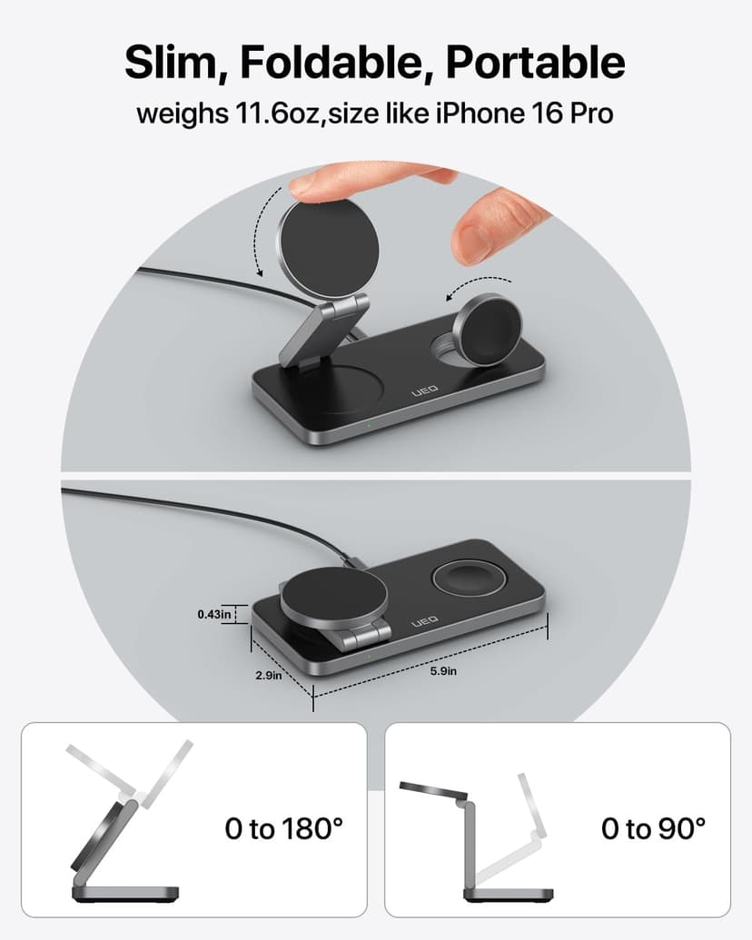 UEQ Foldable 3 in 1 Wireless Charging Station for Apple Magsafe Charger Stand,Fast Magnetic Wireless Charger Station for iPhone 17 Air 16 15 14 13 12 Series,Airpods Pro,Apple Watch Ultra (Pure Black)