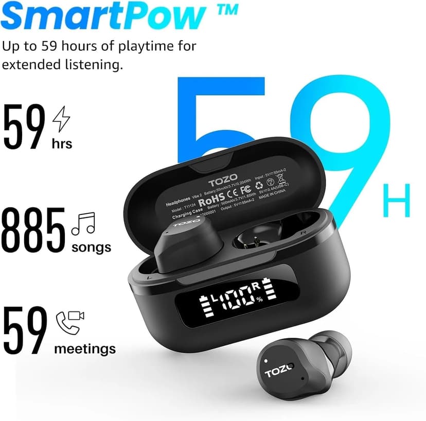 TOZO NC9 Hybrid Active Noise Cancelling Wireless Earbuds, 6 Mics ENC Clear Call, IPX8 Waterproof, in Ear Bluetooth 5.3 Headphones Stereo Bass Ear Buds 59H Playtime with LED Display 32 EQs via APP