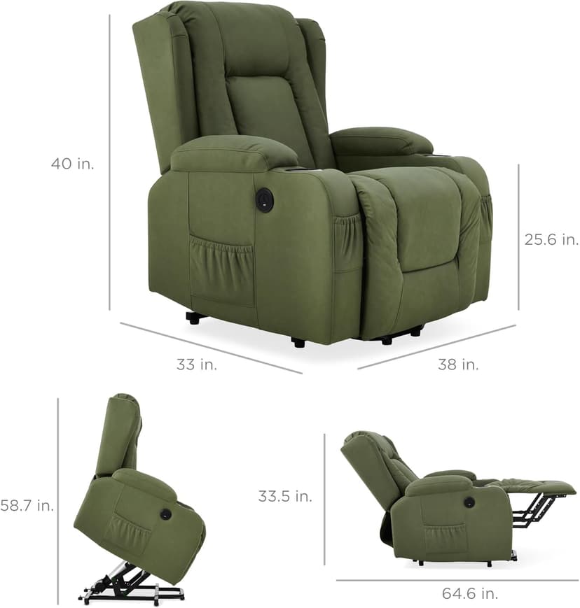 Best Choice Products PU Leather Electric Power Lift Chair, Recliner Massage Chair, Adjustable Furniture for Back, Legs w/ 3 Positions, USB Port, Heat, Cupholders, Easy-to-Reach Side Button - Olive