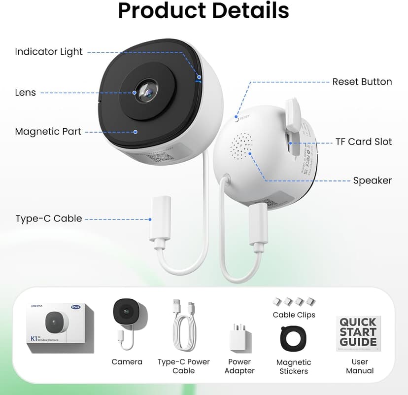 INFIYA 2K No Drill Window Camera-2 Pack 2.4Ghz & 5Ghz WiFi Dome Cameras for Home Security for Indoor & Outdoor Monitoring, Color Night Vision, Human Detection, 24/7 Recording, Ideal for Apartment, K1