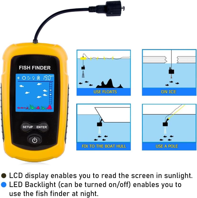 Venterior Portable Wired Fish Finder Ice Kayak Fishing Gear Water Depth Finder Handheld Fishfinder LCD Display Sonar Transducer