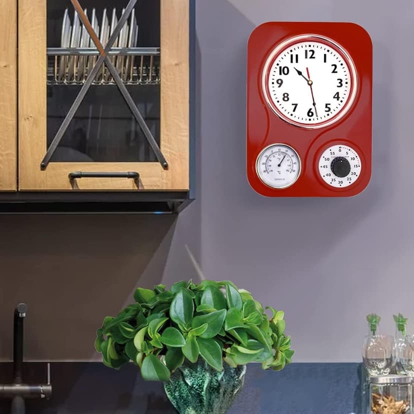 Lily's Home -9.5 Inch x 12.5 Inch -Retro Kitchen Wall Clock, Vintage Wall Clock with a Thermometer and 60-Minute Timer, Ideal for Any Kitchen, Office, or Diner (Retro Red)