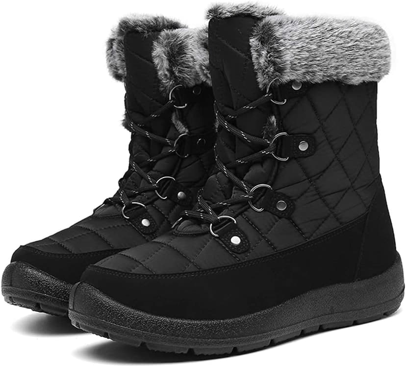 JSWEI Winter Boots for Women - Soft Comfortable Faux Fur Mid Calf Winter Snow Boots Totes Boots Lace up Snow Boots Winter Boots with Insulated Black for Outdoor