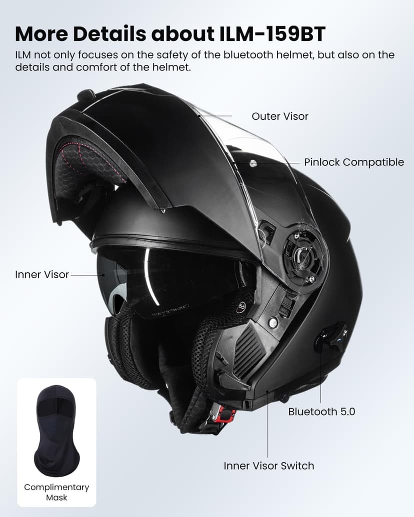 ILM 159BT Bluetooth Modular Motorcycle Helmet 2-3 Riders Intercom Full Face Flip up Casco DOT with Face Mask (MatteBlack, L)