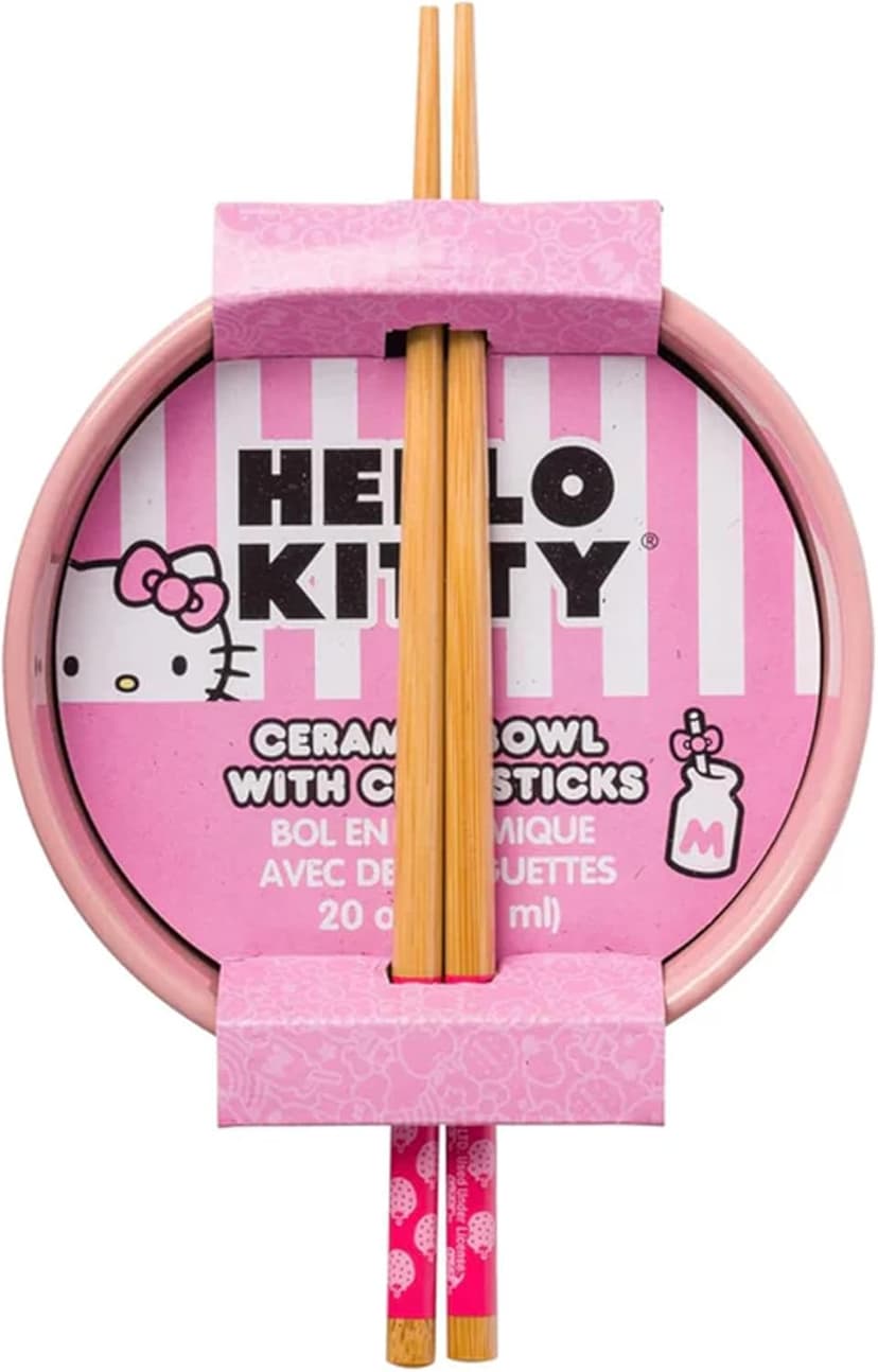 Silver Buffalo Sanrio Hello Kitty Strawberry Milk Japanese Character Ceramic Ramen Noodle Rice Bowl with Chopsticks, Microwave Safe, Pink, 20 Ounces