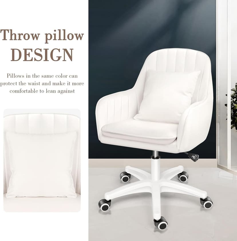 Mid Back Velvet Vanity Chair Swivel Rolling Desk Chair with Wheels, Modern Upholstered Makeup Chair for Women Girls, Computer Task Chair for Bedroom Living Room Office, White