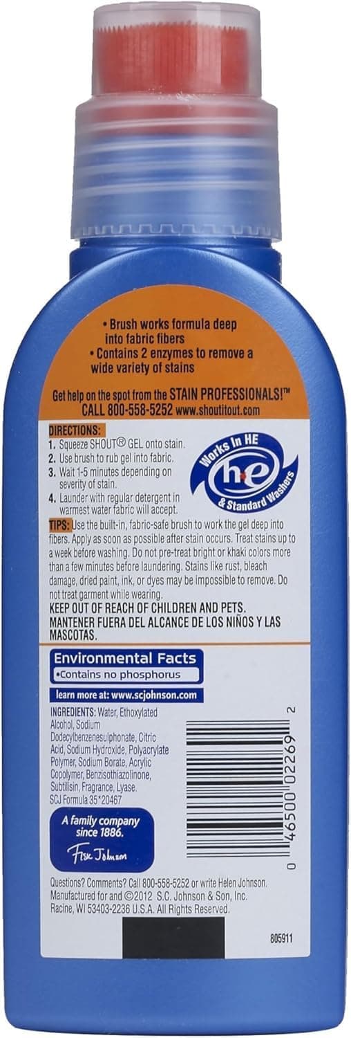 Shout Advanced Stain Remover Gel for Clothes Laundry, Ultra Concentrated Gel with Built-in Scrubber Brush for Deep Set-In stains, 8.7oz