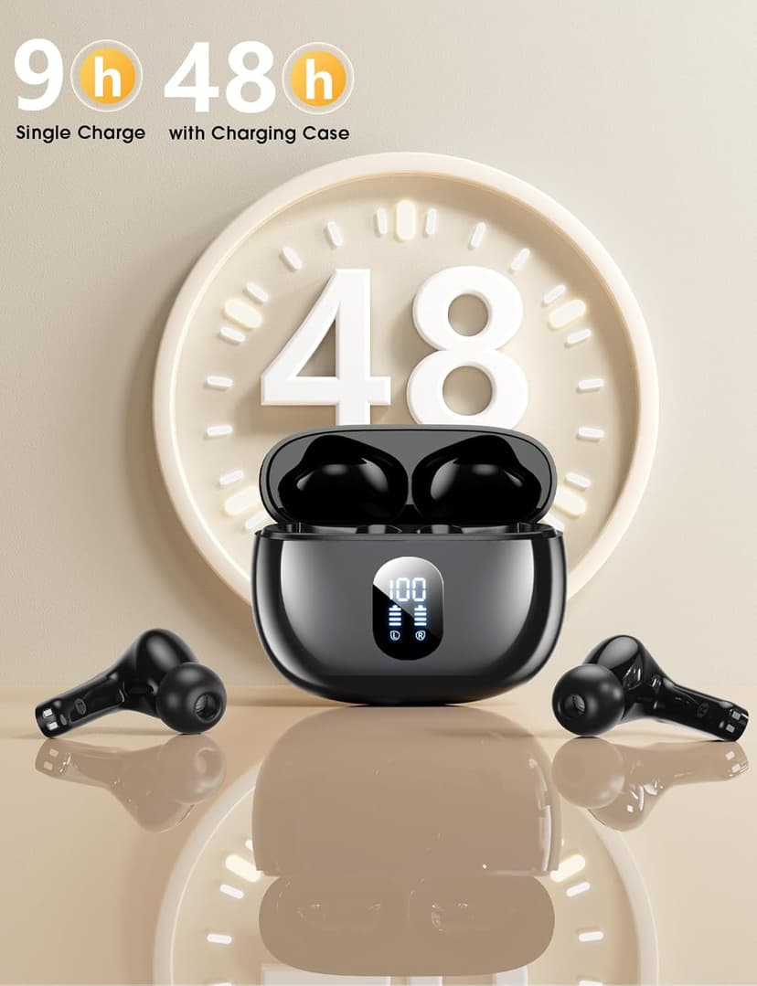 wyness Wireless Earbuds Bluetooth 5.3 Ear Buds, Hi-Fi Stereo Bass Ear Buds with 48H Playtime & LED Display, Lightweight in-Ear Headphones with Mic, IPX7 Waterproof, Touch Control for iPhone Black
