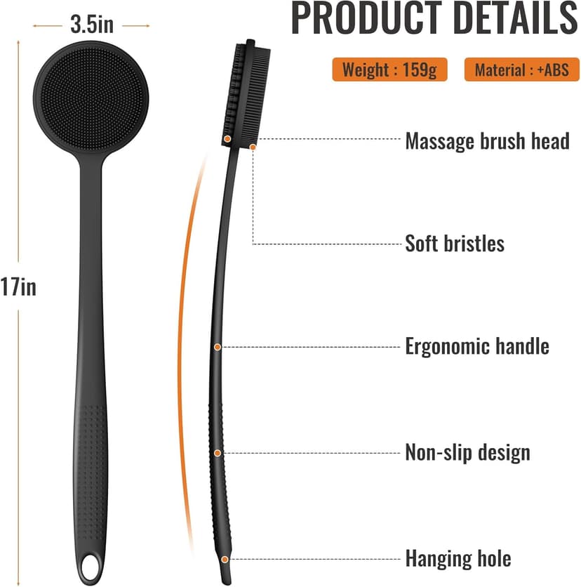 VWMYQ VWMYQ Silicone Back Scrubber for Shower, 17in Lengthen Long Handle Body Brush, Double Sided Shower Brush for Shower Exfoliating and Massage Can Produce Rich Foam, Long Handle Back Scrubber for Men