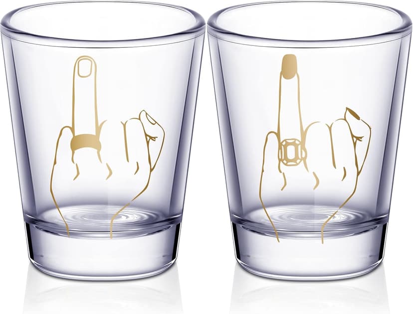 Mimorou Bride and Groom Glasses 2 Pieces Ring Finger Wedding Funny Bride Wine Glass 2 oz Mr and Mrs Engagement Gifts Stemless for Newlyweds Couples(Classic,1.93 Inch)