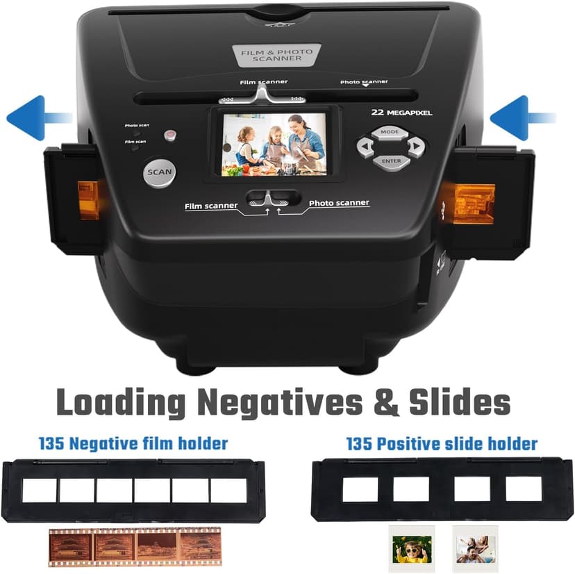 Photo and Slide Scanner with 2.4” LCD Screen, Convert Negatives & Slides 35mm/135 Film, Photo(3R,4R,5R), Business Card to 22MP JPEG Digital Photos, 4GB SD Card Included