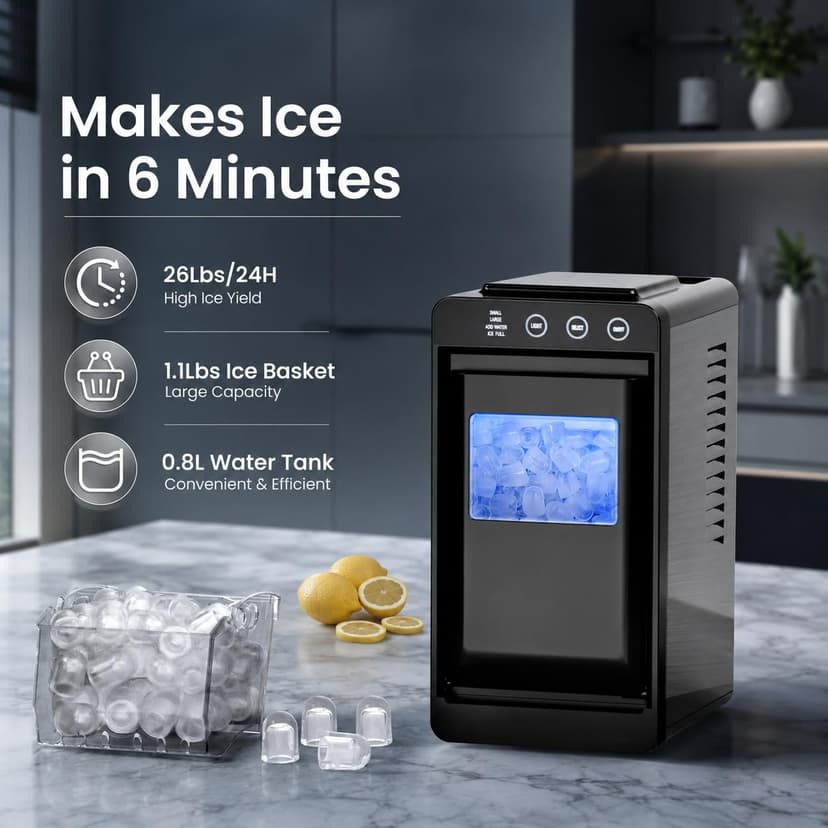 Kismile Portable Countertop Ice Maker Machine, 26lbs Ice in 24Hrs, Self-Cleaning Ice Maker with Selectable Ice Size & Internal Light, Compact Design for Home/Kitchen/Bar