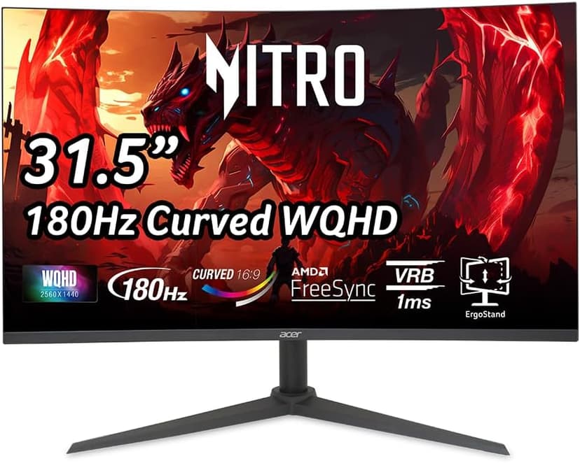 Acer Nitro 31.5 Inch WQHD 2560 x 1440 1500R Curved PC Gaming Monitor | AMD FreeSync | Up to 180Hz Refresh | 1ms VRB | Speakers | One Display Port 1.4 & Two HDMI 2.0 | XZ320QU S3bmiiphx