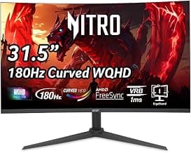 Acer Nitro 31.5 Inch WQHD 2560 x 1440 1500R Curved PC Gaming Monitor | AMD FreeSync | Up to 180Hz Refresh | 1ms VRB | Speakers | One Display Port 1.4 & Two HDMI 2.0 | XZ320QU S3bmiiphx