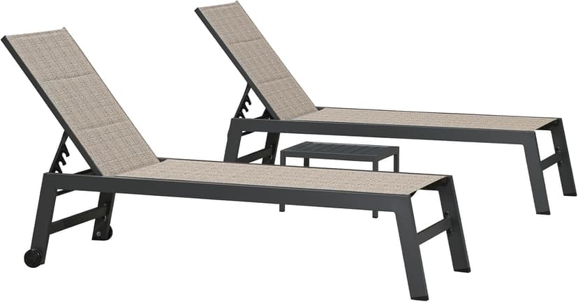 PURPLE LEAF Outdoor Chaise Lounge Set of 2 Aluminum Patio Lounge Chair with Wheels and Side Table Pool Chaise Lounge Chair for Outdoor Backyard Poolside Camel (2 Lounges Chairs W/Table)