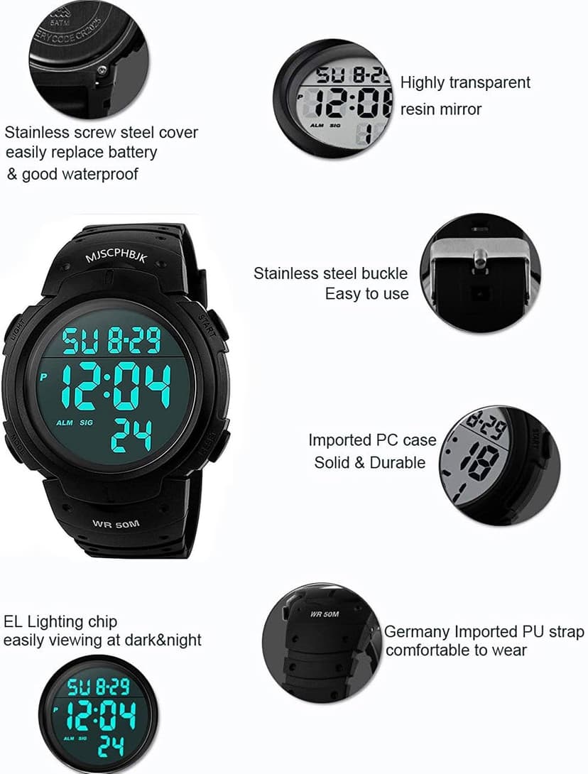 MJSCPHBJK Mens Digital Sports Watch, Waterproof LED Screen Large Face Military Watches for Men